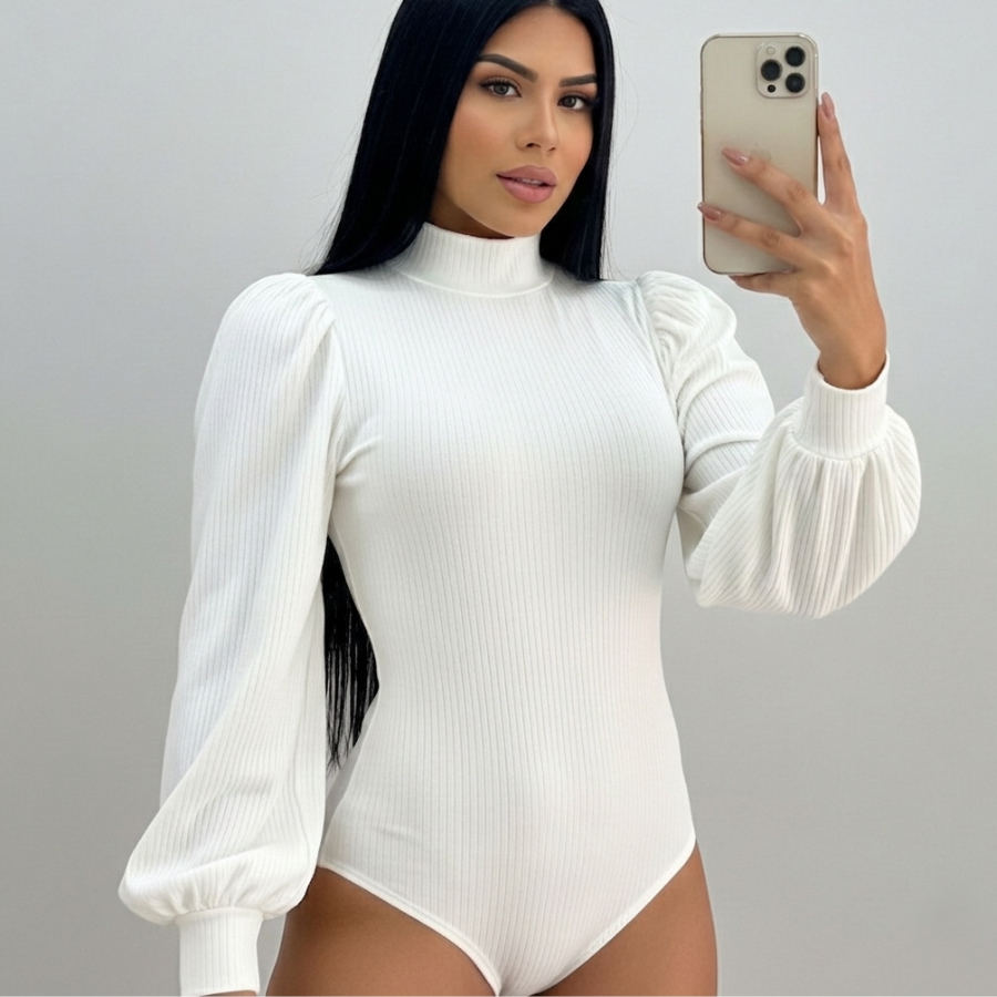Body Blusa Feminino Manga Longa Princesa Bufante Gola Alta Cacharrel Canelado Fecho Outono Inverno