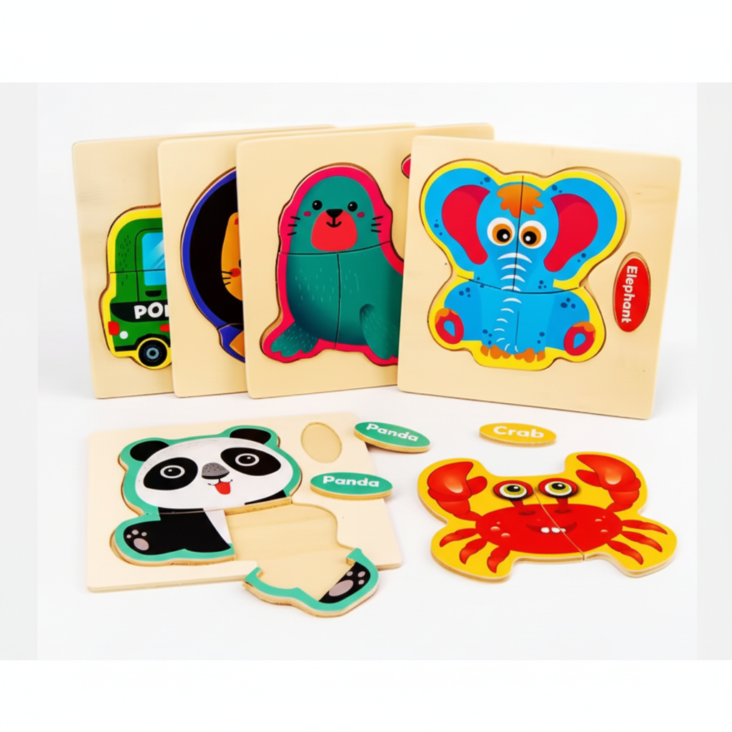 Quebra-Cabeça de Madeira Infantil Colorido Educativo Animais Formas Brinquedo Pedagógico