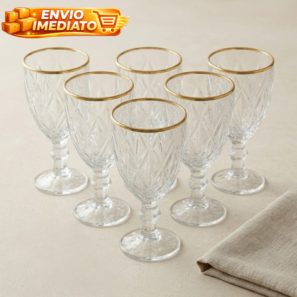 Jogo Conjunto Taça 6 Peças De Vidro Diamante Clear C/ Borda Dourada 330ml Bebida Drinks Decoração