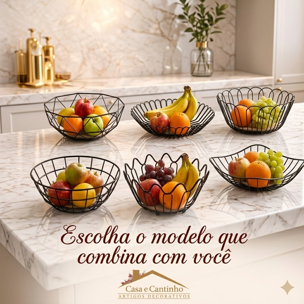 Fruteira de Mesa 2 Andares Ferro e Bambu para Café da Manhã Multiuso de Metal Preto Cesto Organizdor