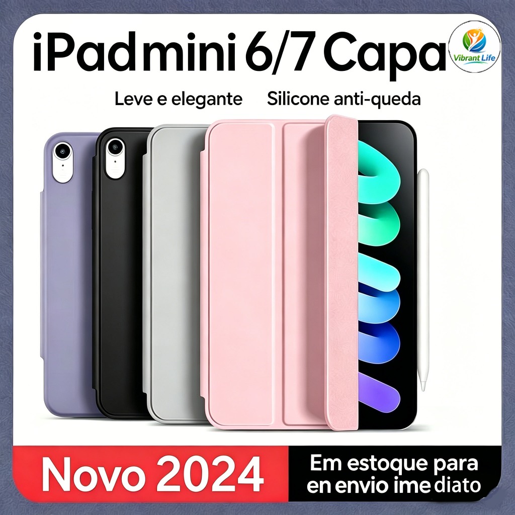 Capa de Proteção Transparente para iPad Mini 6/7 – Resistente a Quedas e Suporte Tri-Fold Dobrável