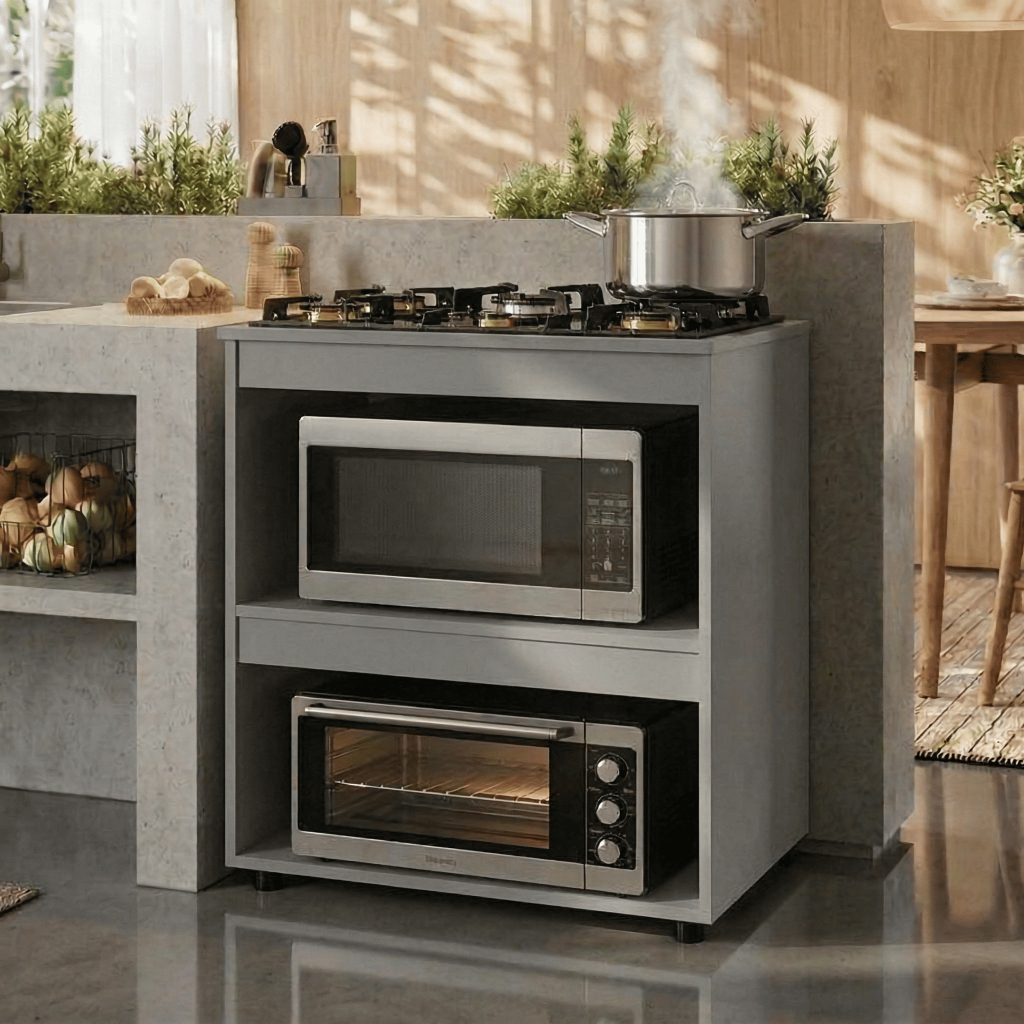 Balcão p/ Cooktop 4 ou 5 Bocas - Cinza Cozinha Moderna Armário 2 Nichos Organizador - Blue Moby