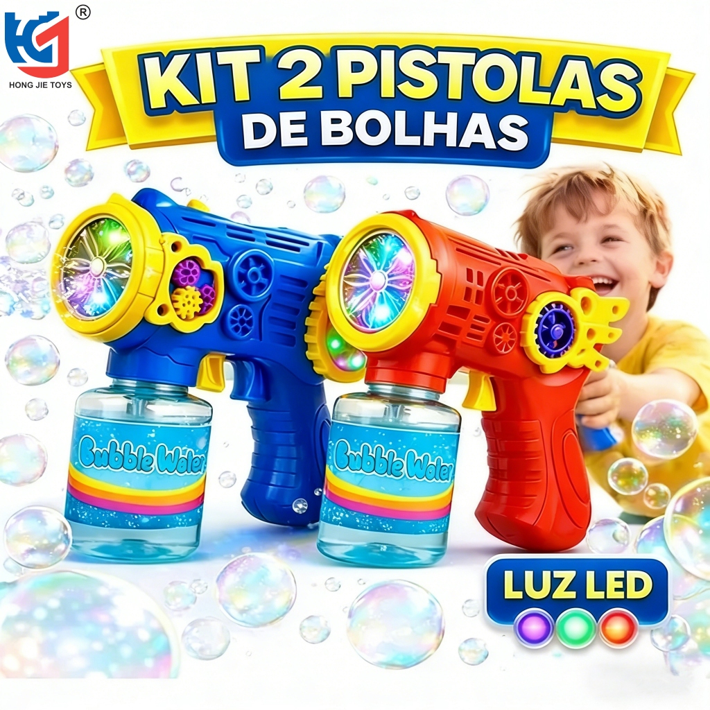 Kit com 1 ou 2 Unidades - Pistola de Bolhas Infantil Automática com Luzes LED Coloridas, Brinquedo para Crianças