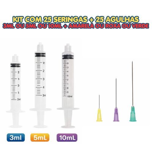 Kit 25 Seringas + 25 Agulhas Hipodérmicas - Escolha Modelo 3ml lock, 5ml lock, 10ml SLIP - Agulhas Amarela, roxa, verde