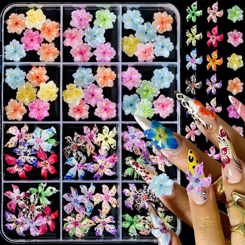 72 peças de Strass 3D em Forma de Flores e Laços para Decoração de Unhas Acrílicas Acessórios para Manicure
