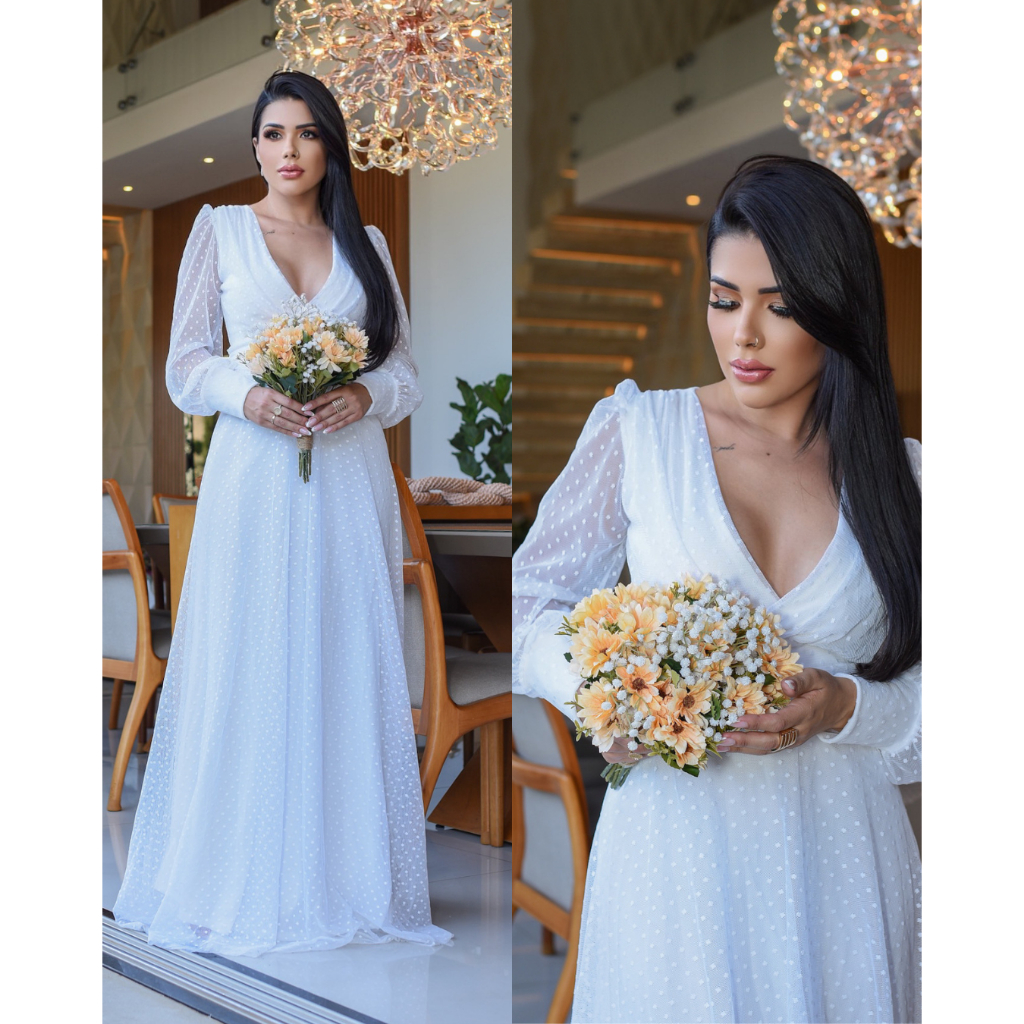 Vestido de Noiva Daniella, Longo, Tule, Manga Longa Comprida, Moda feminina Casamento