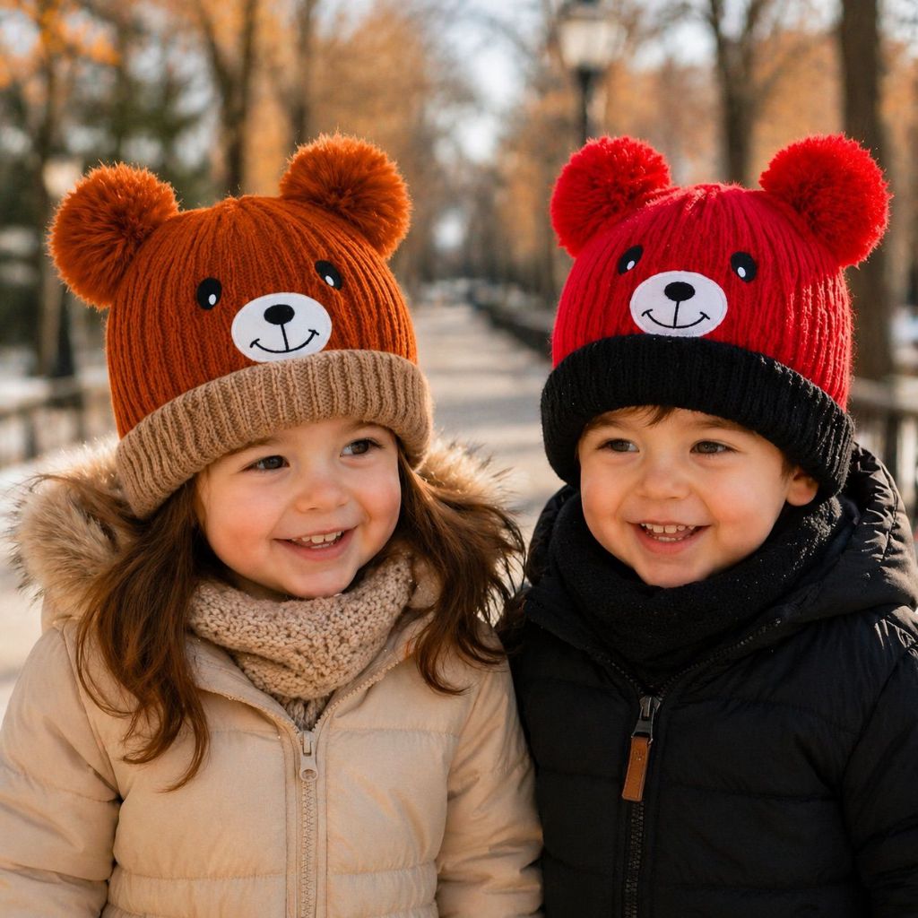 Touca Gorro  Infantil Ursinho com Orelhas Pompom Forrada Quentinha Inverno Menino Menina 1178