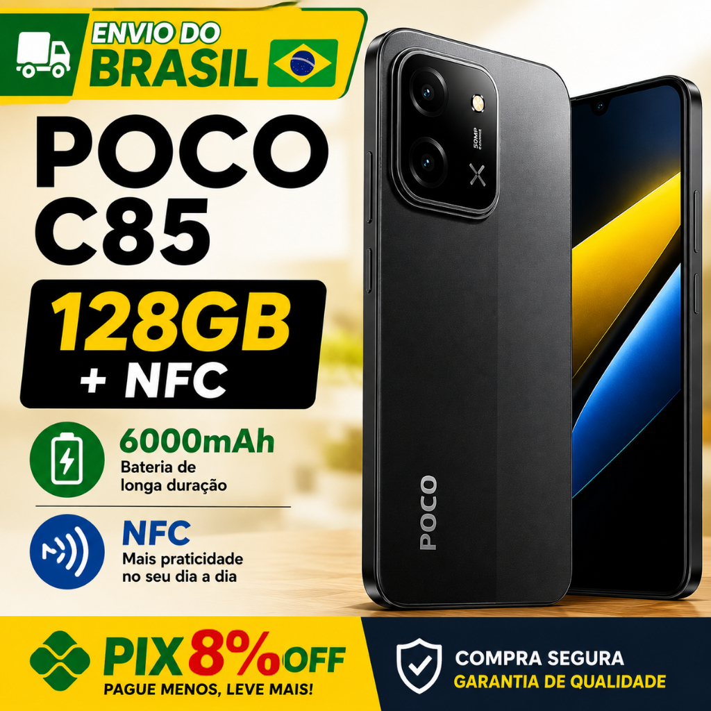 Xiaomi Poco C85 NFC 4G 128GB+6GB Smartphone Tela 6.9" HD+ Bateria 6000mAh Dual SIM Celular Desbloqueado Versão Global