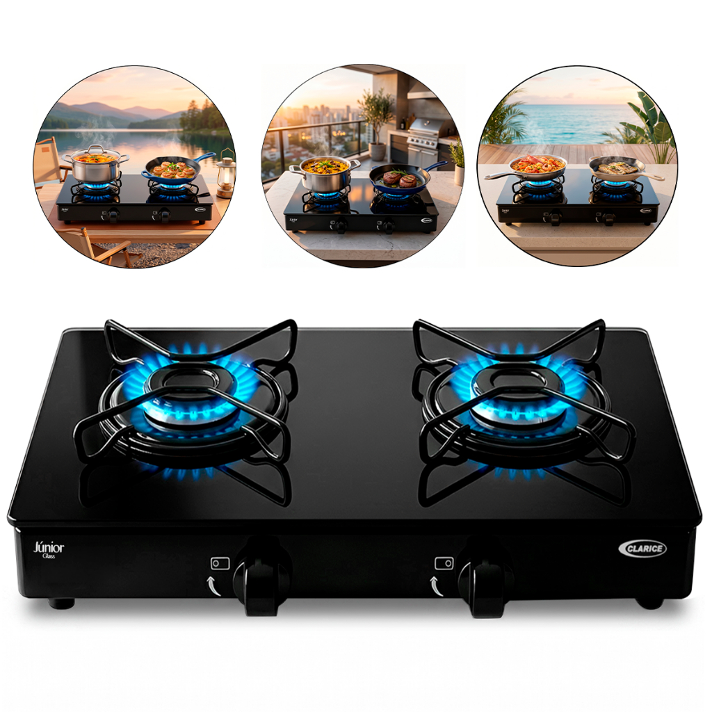 Fogão Cooktop de Mesa Portátil a Gás 2 Bocas Ultra Chama Vidro Temperado Clarice