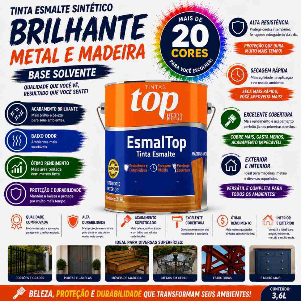 Tinta Para Metal e Madeira - Esmalte Sintético Brilhante Base Solvente - 3,6L  | Cores Vibrantes | Alta Durabilidade