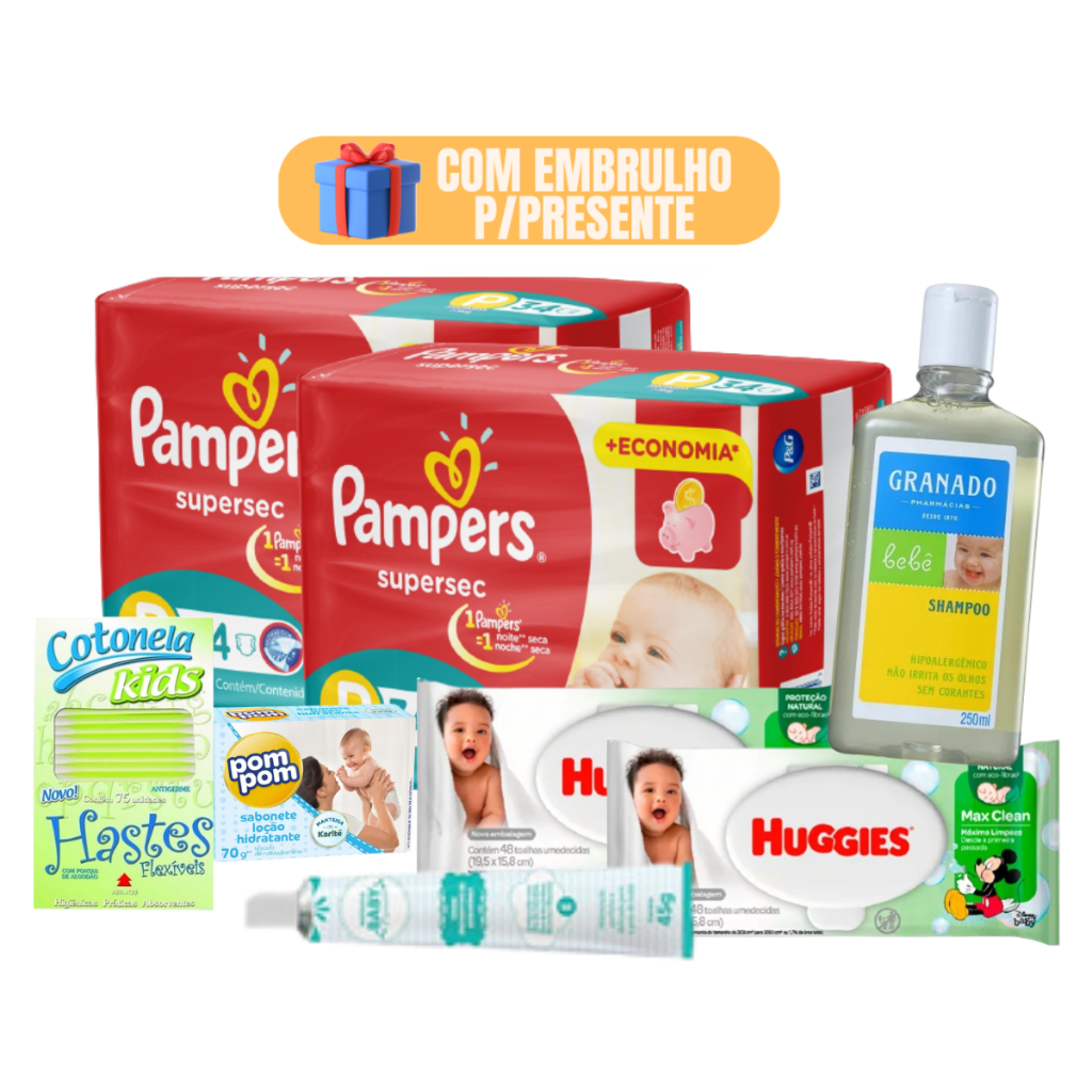 Kit Higiene e Cuidados Bebê Fraldas Pampers , Lenços umedecidos Pomada Assadura Shampoo