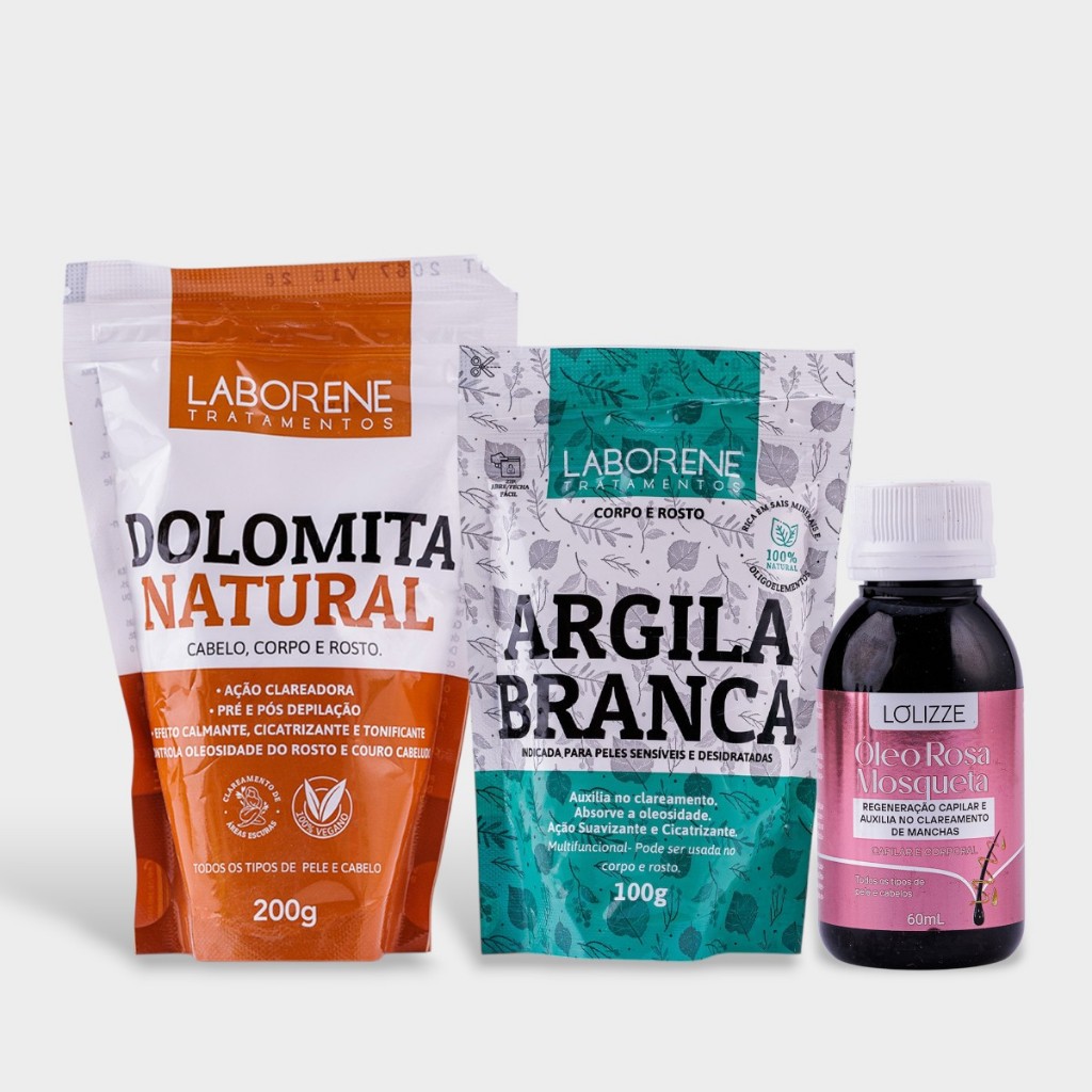 Kit Clareador Dolomita 200g, Argila Branca 100g + Óleo Rosa Mosqueta 60ml/Clareador Corpo e Rosto -  Laborene