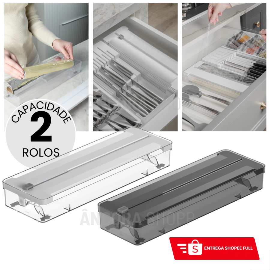 Organizador de Rolos Duplo e Cortador de Plástico Filme Papel Alumínio Manteiga Ou 37cm x 12cm