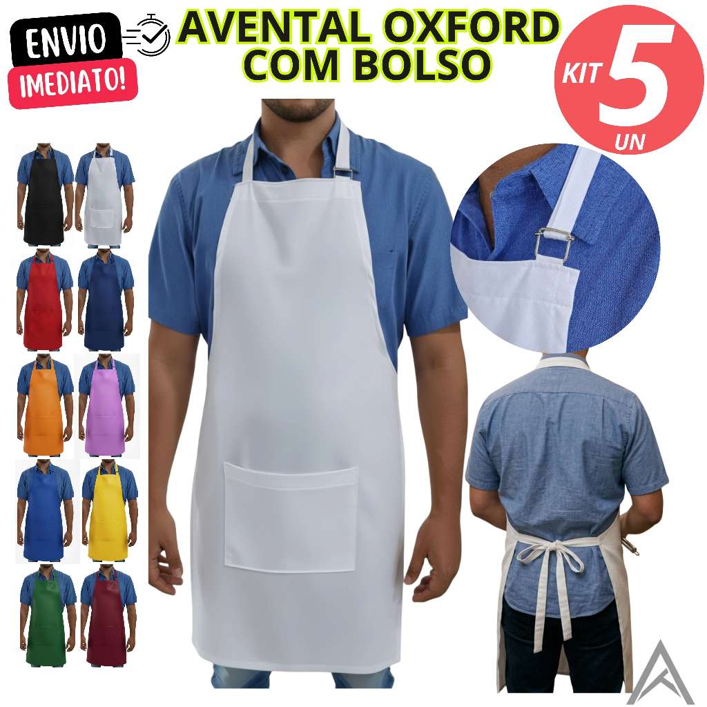 Kit 5 Avental Oxford Com Bolso Cozinha Garçom Restaurante Aventais Ajustavél Uniforme Pizzaria
