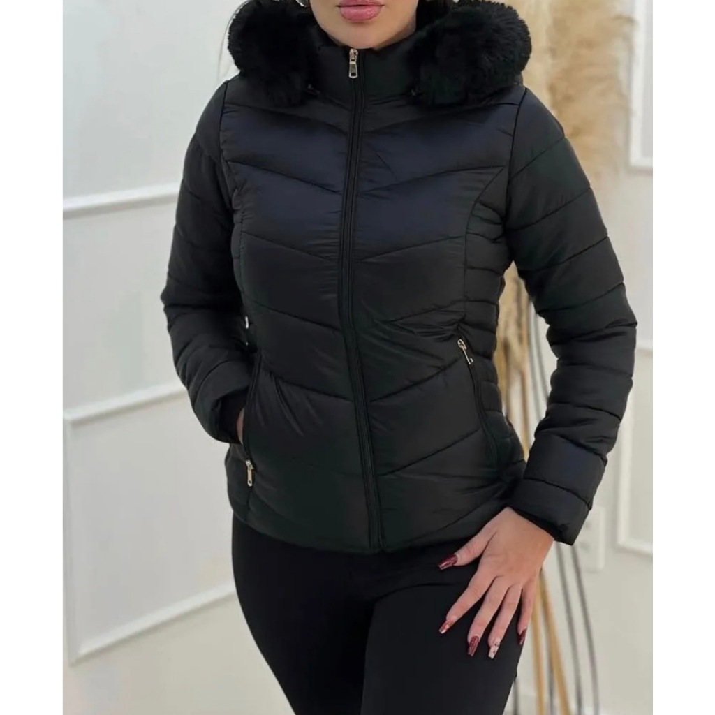 Jaqueta Forrada Feminina Puffer Bobojaco Acolchoado Preto