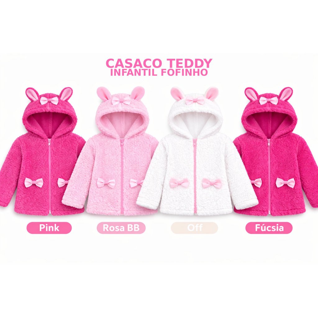 Casaco Teddy Infantil Menina Capuz Touca orelhinhas Casaco pelinho Quente Jaqueta frio Infantil
