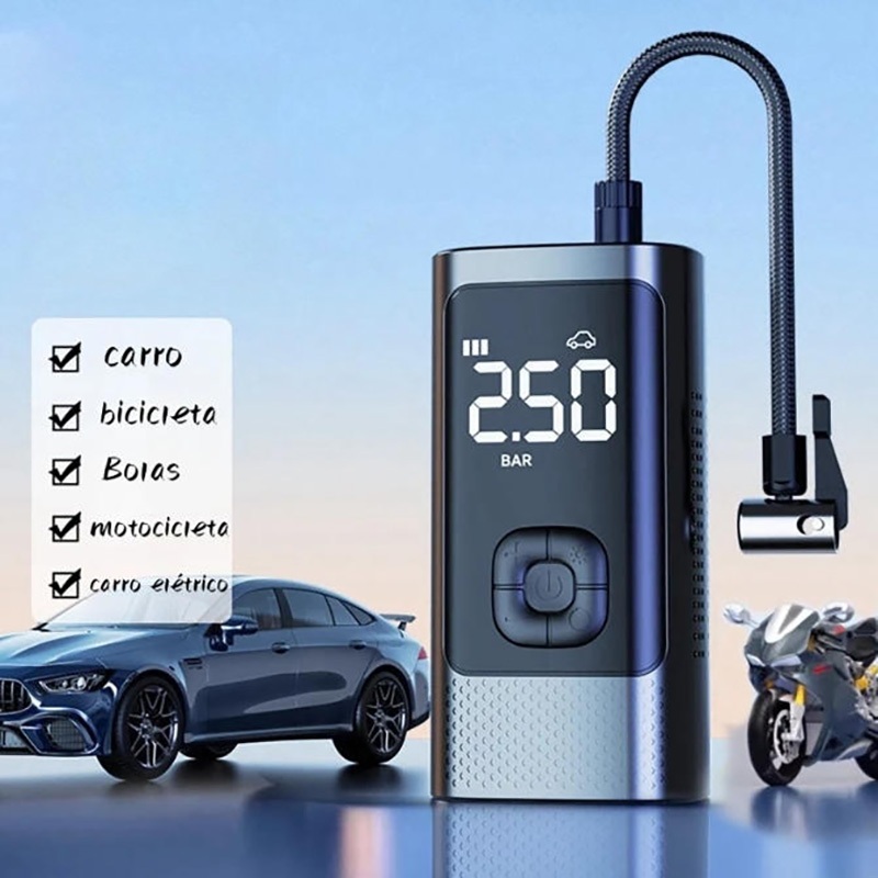 Bomba De Ar Eletrica Portátil Digital Encher Pneu Carro Bike Moto Mini Compressor sem fio M6