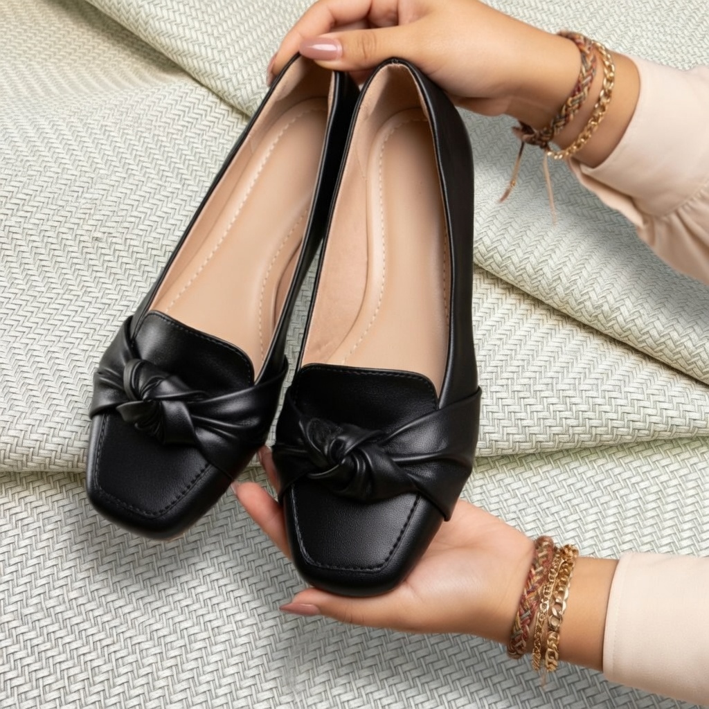 Mocassim Feminino Preto Bico Quadrado Confortavel Sapato Calçado Sapatilha Feminina