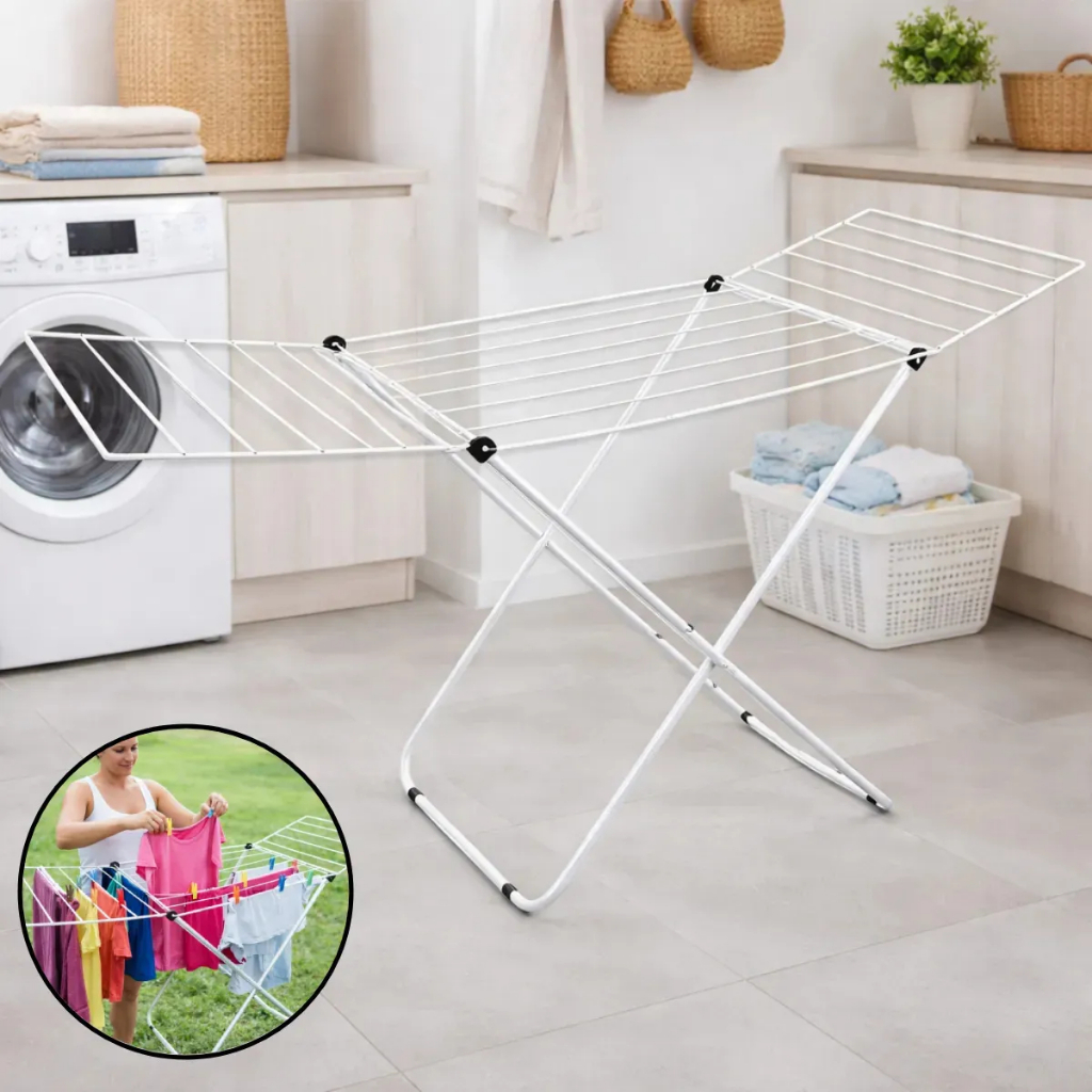 Varal De Chão Com Abas Dobrável Retrátil P/ Roupas Reforçado Compacto Resistente Grande Não Enferruja