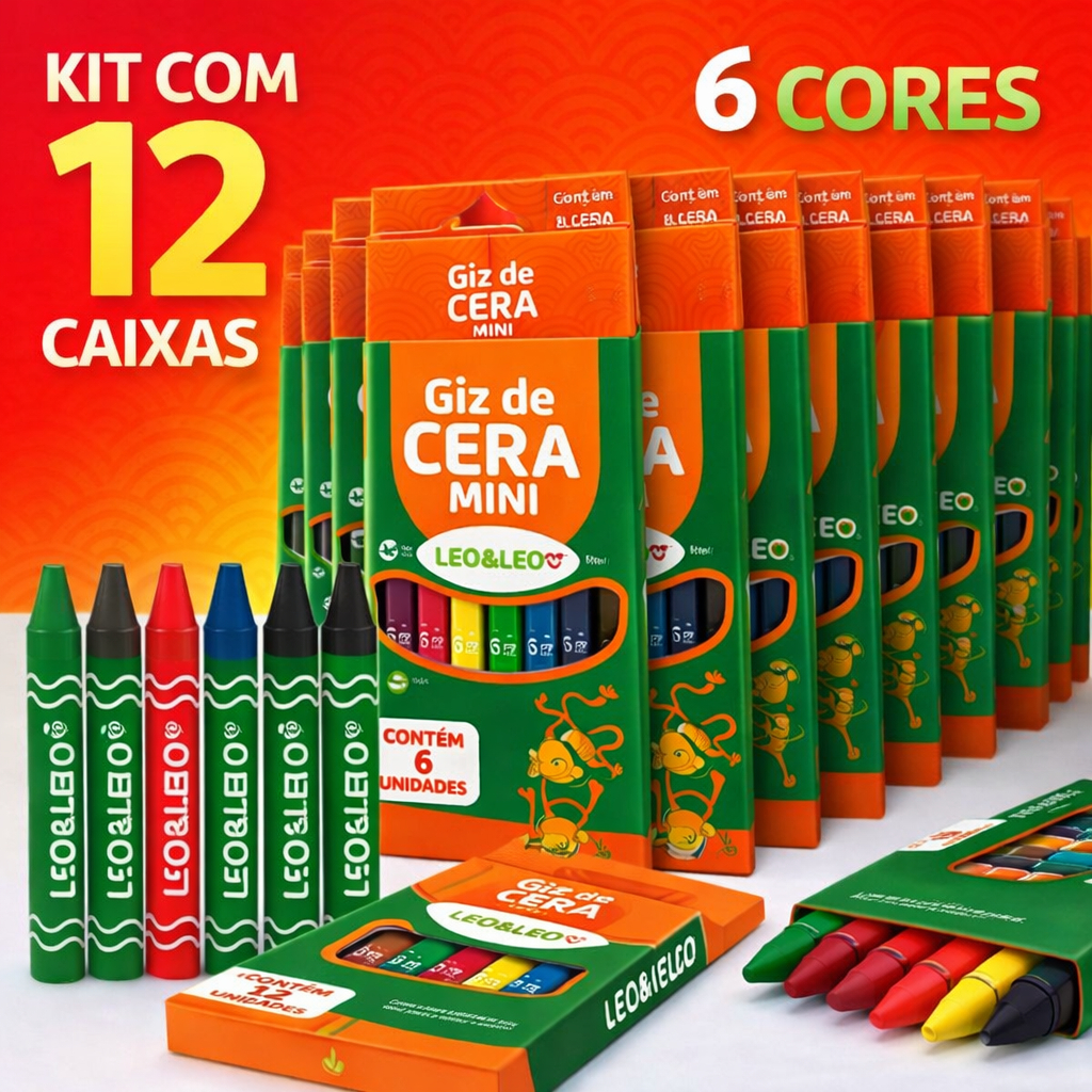 Giz de Cera Mini Leo&Leo 6 Cores Kit com 12 Caixas com Capa de Proteção Não Tóxico