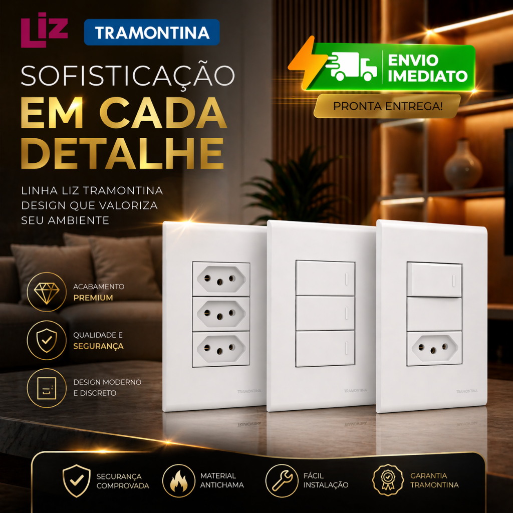 Conjunto Tomada Tramontina Branca LIZ 4x2 4x4 Tomada 10a 20a Interruptor Simples Paralelo
