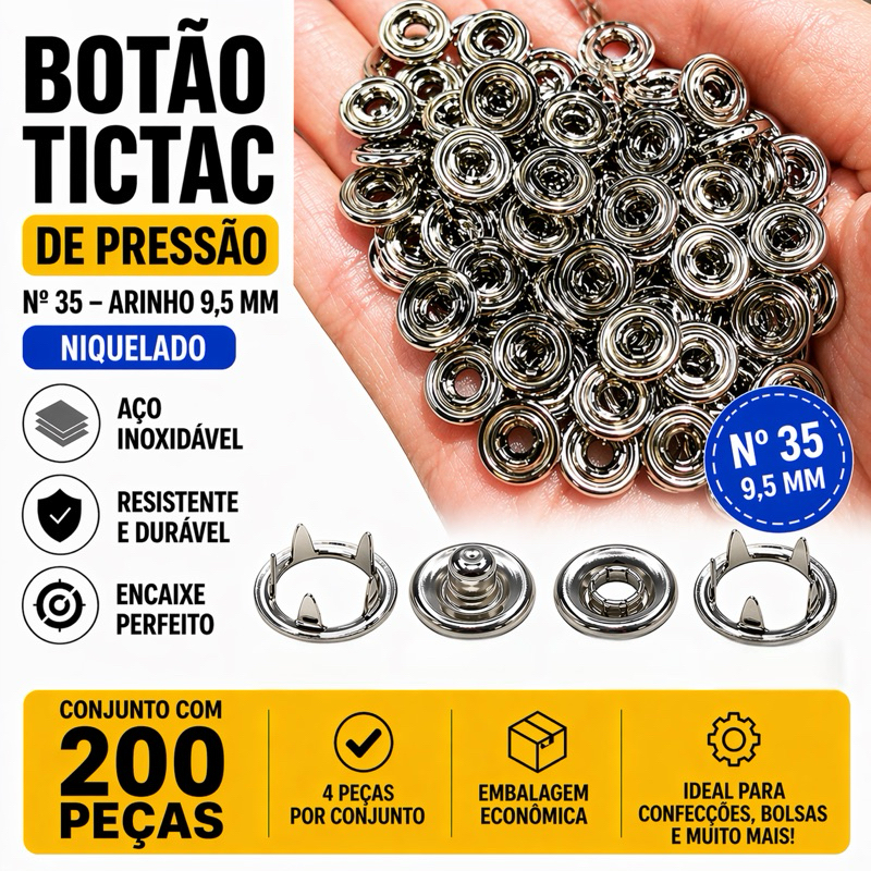 Botão Tictac de Pressão Nº 35 Arinho 9,5 mm Niquelado – Conjunto com 200 Pçs