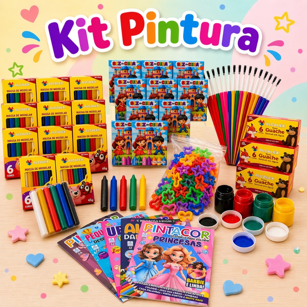 25 Itens Para Pintura Kit Escolar Massinha de Modelar Livro de Colorir Tinta Guache Pincel Infantil