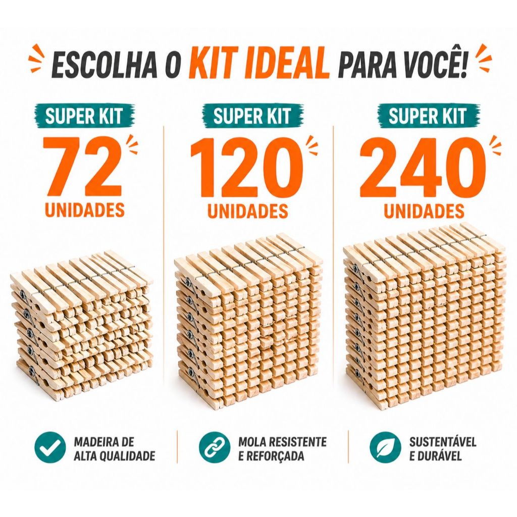 Kit de Prendedores de Roupa Reforçados – 72, 120 ou 240 Unidades