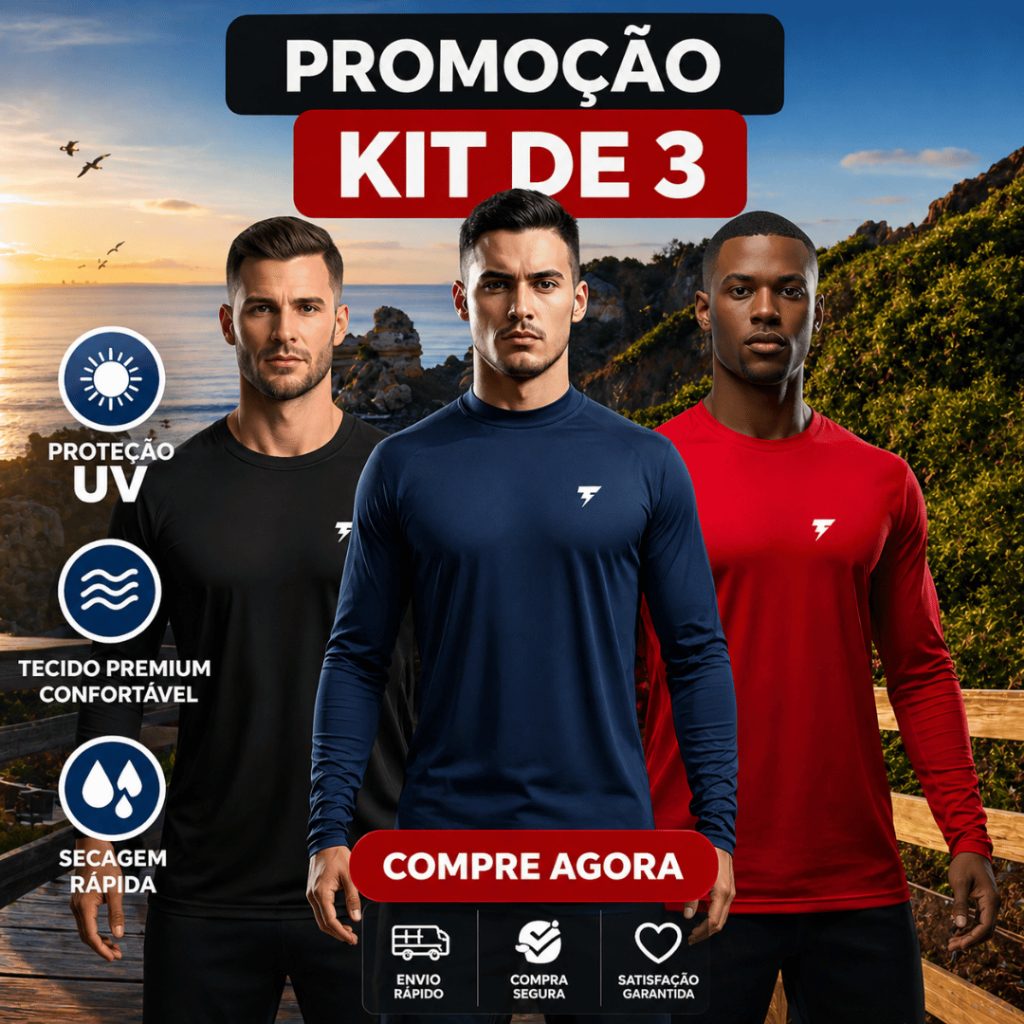 Promoção Kit 3 Camisas Segunda Pele Térmica Proteção Solar Uv 50+ Masculina Praia Ciclismo Academia