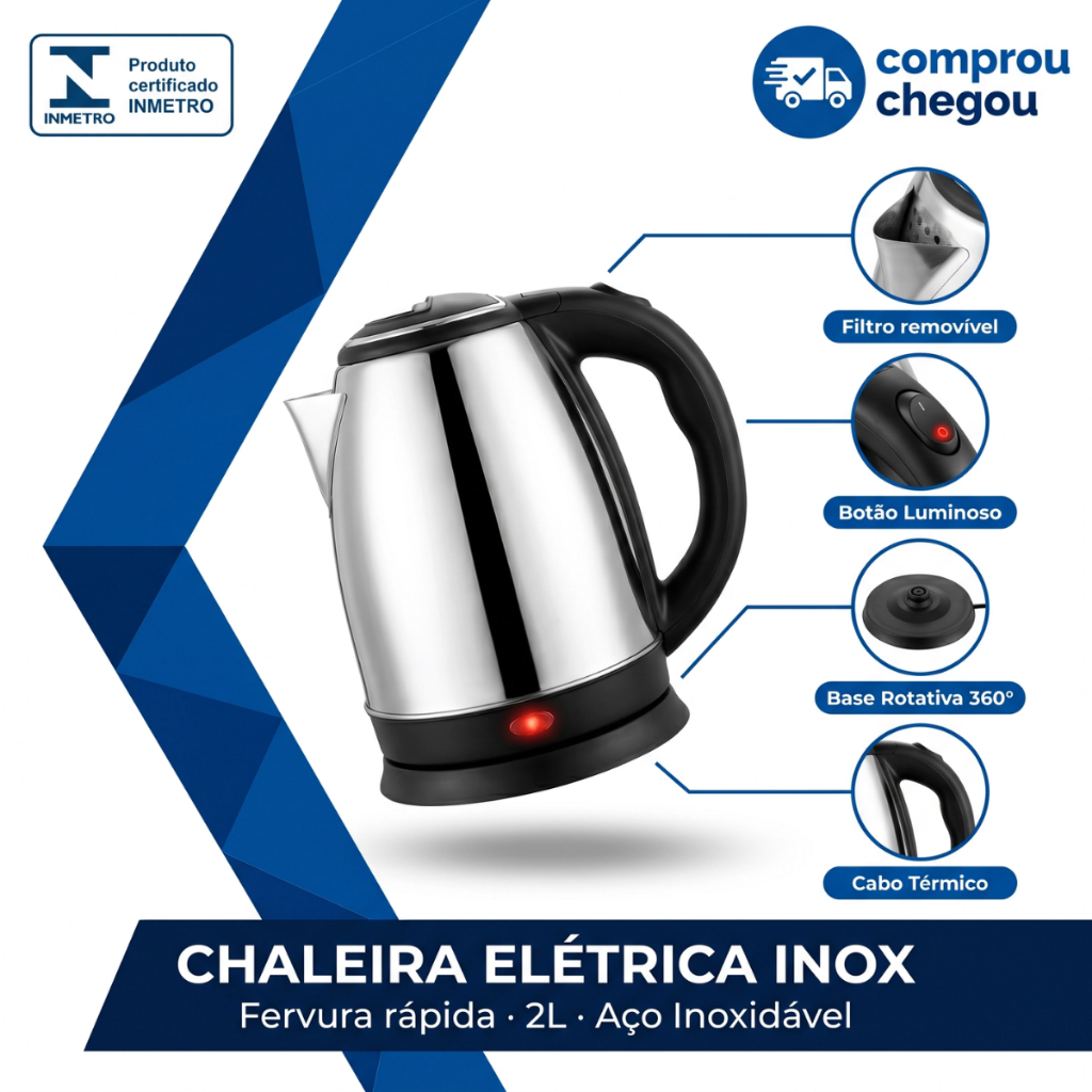 Chaleira Elétrica Inox 2 Litros Bivolt 110/220V Ferve Rápido Base Giratória 360° Auto Desligamento