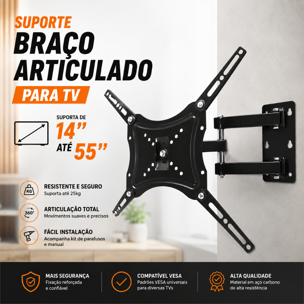 Suporte Articulado de Parede Para Tv Monitor de 14 até 55 Smart tv Lcd Led Plasma Oled