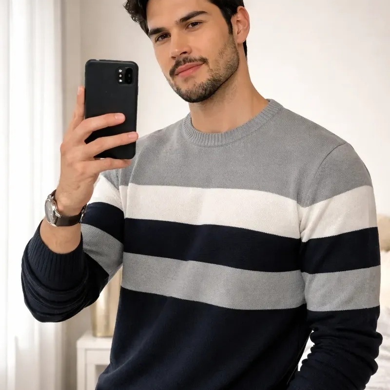Blusa Masculina Manga Longa Gola Redonda Suéter Tricot Listrado Inverno Casual