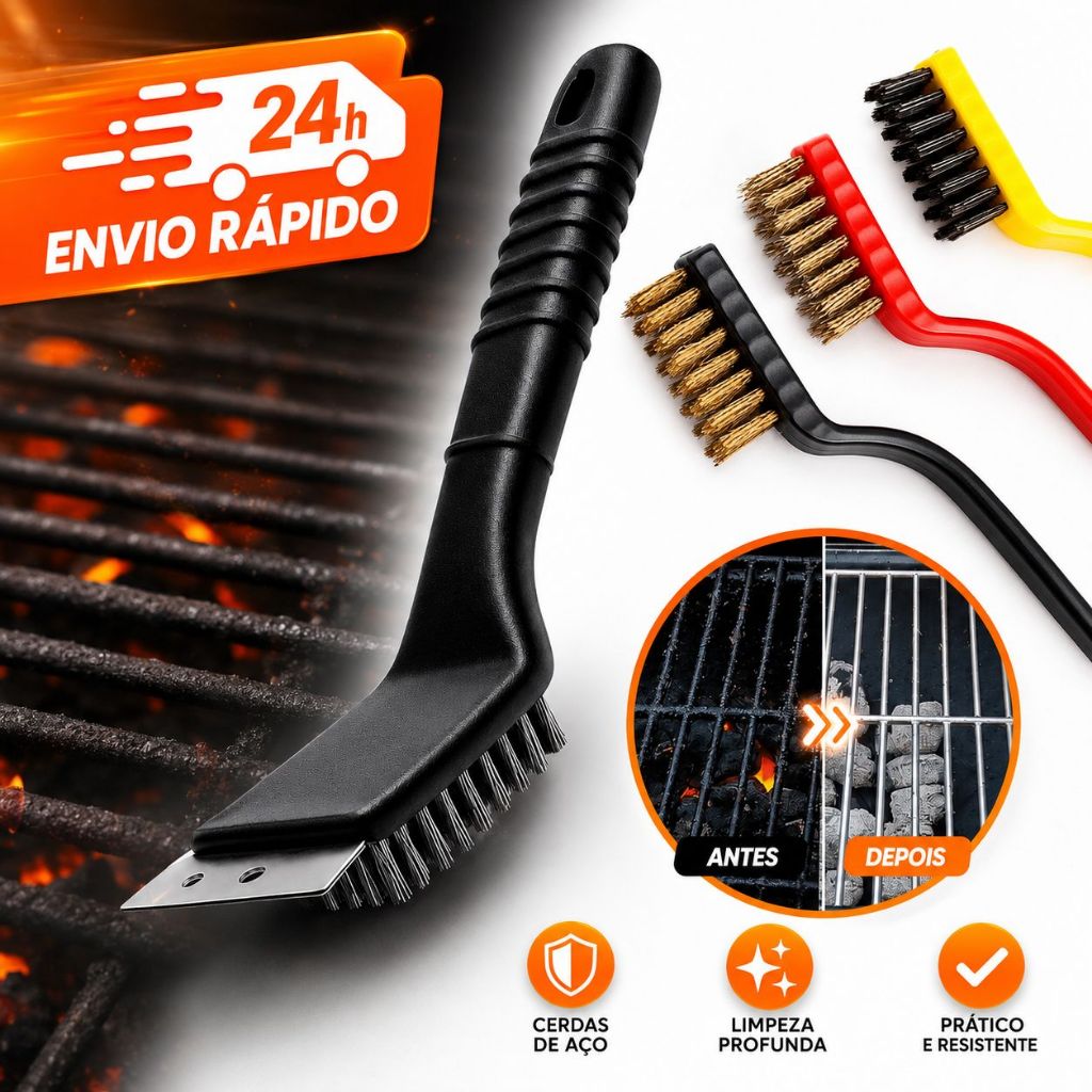 Escova Para Grelha Churrasqueira Cerdas de Aço Inox Com Raspador Limpa Chapas 2 em 1