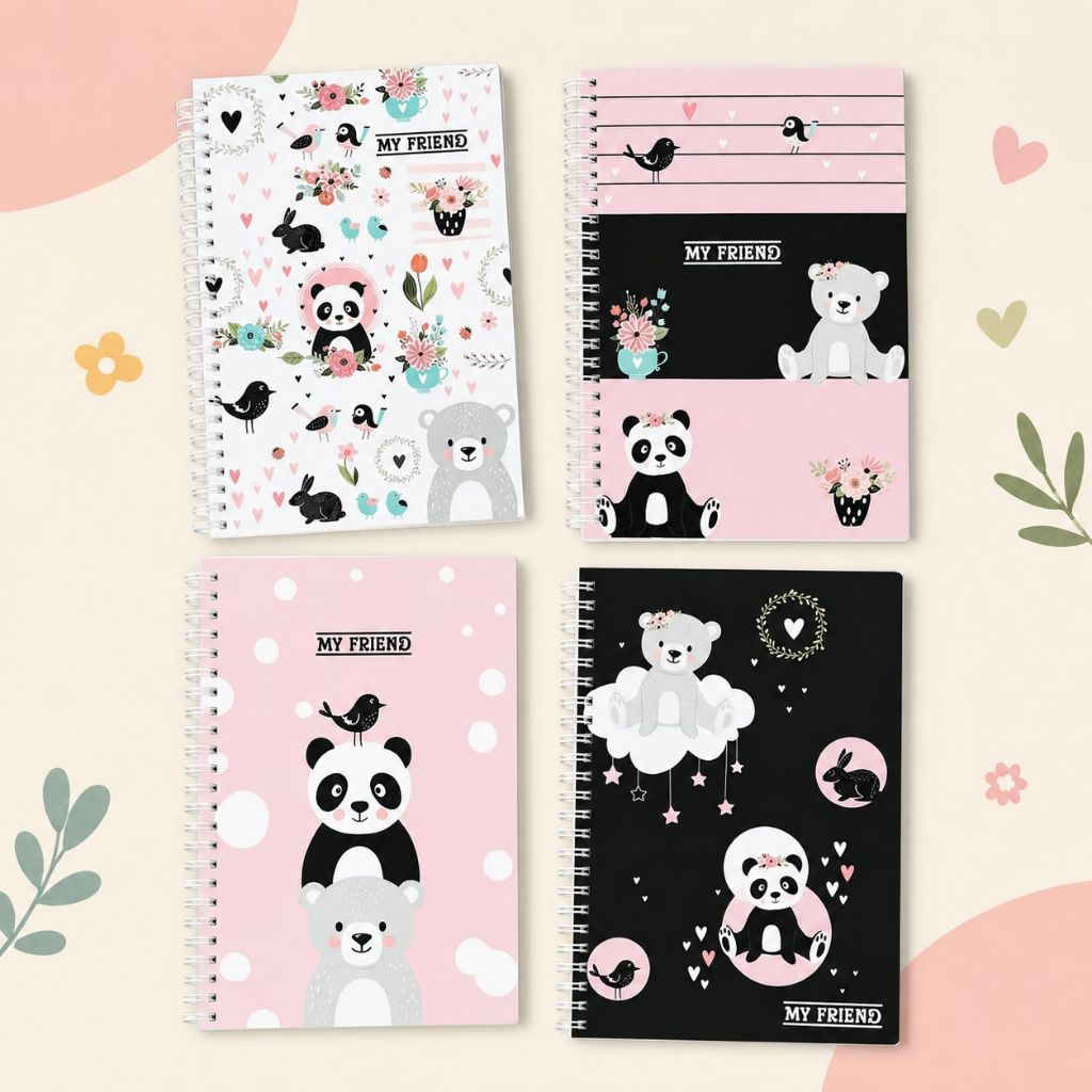Caderneta Espiral Pandas Fofos A5 Capa Mole - Papelaria Criativa