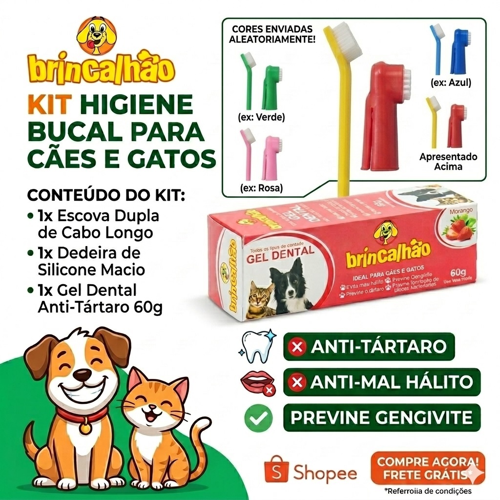 Kit 1 Pasta + 1 Escova + 1 Dedeira PET Cachorro Gato Sabores Diversos Anti Tártaro Anti Mal Hálito BRINCALHÃO