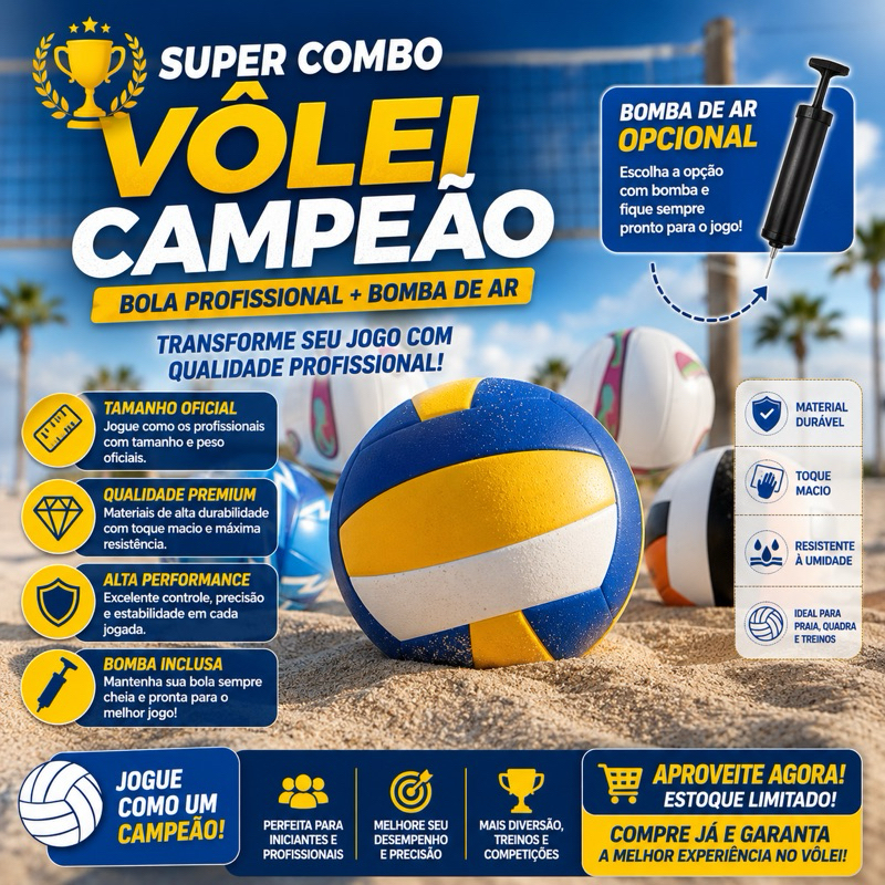 🏐🔥 SUPER COMBO VÔLEI CAMPEÃO – BOLA PROFISSIONAL + BOMBA DE AR OPCIONAL 🔥🏐