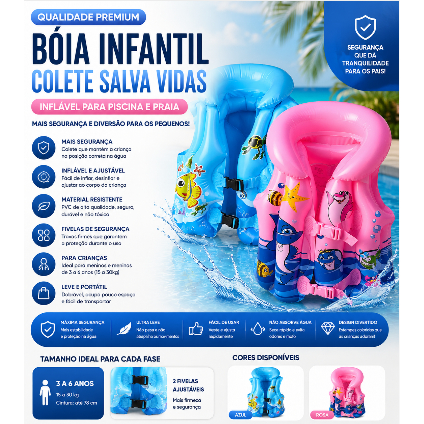 Bóia Infantil Colete Salva Vidas Inflável Piscina Praia