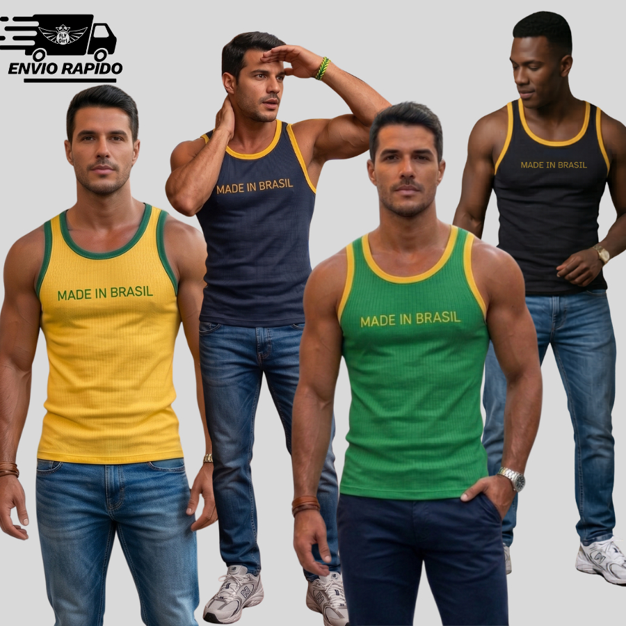 Regata Masculina Brasil Core Streetwear Ribana Canelada Academia Treino Unidade  e Kit
