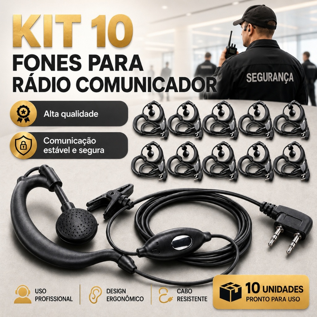 Kit 10 Fones Para Radio Comunicador Ouvido Baofeng 777s Uv5r PTT Segurança Profissional Obras Portaria Alta Qualidade