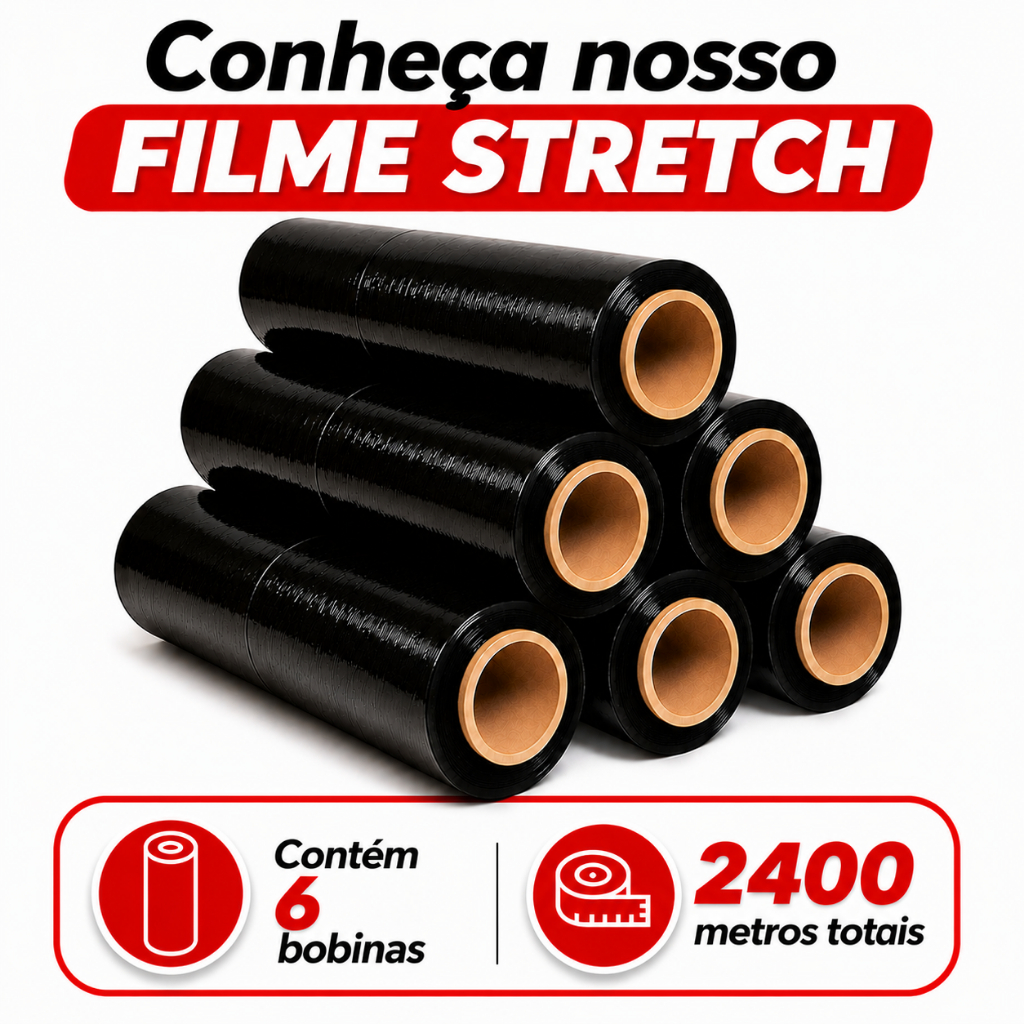 Kit 6 Bobinas Filme Stretch Preto 50 cm x 400 metros por bobina - Embalar Correio Paletização