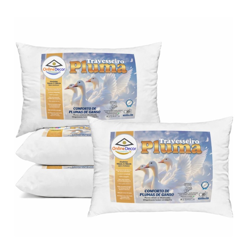 Kit 2 e 4 Travesseiros 70x50 Pluma de Ganso Premium – Alto Padrão e Máximo Conforto