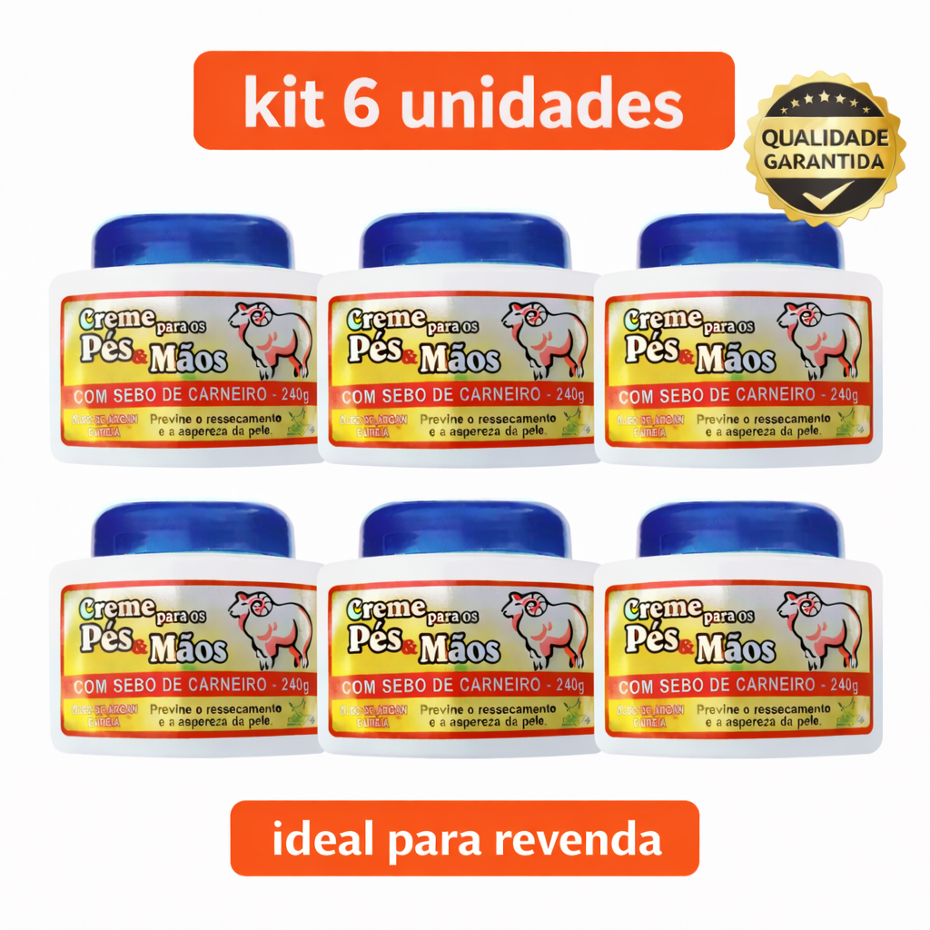 Kit 6 Creme Pés e Mãos com Sebo de Carneiro 240g Sanjully | Hidratação Intensa | Óleo de Argan/Ureia