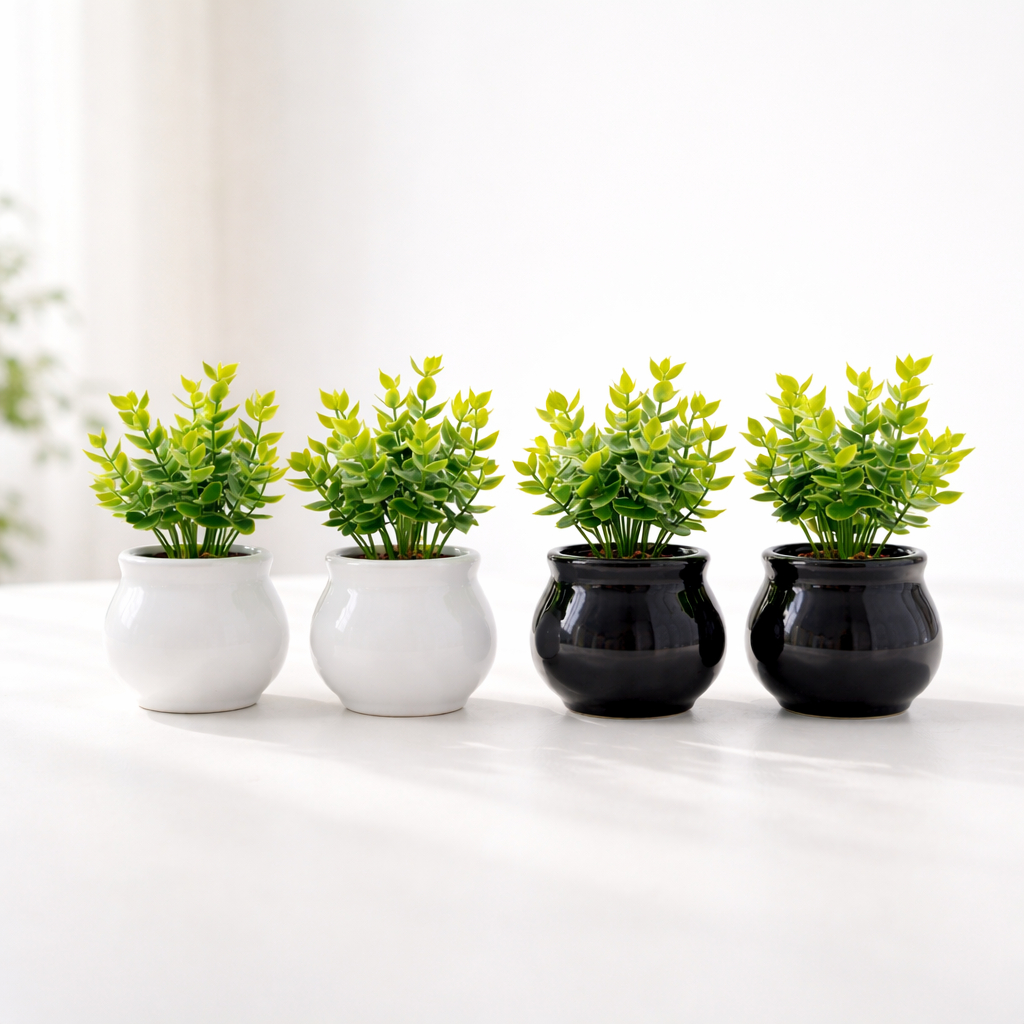 Kit 2 vasinhos de cerâmica preto ou branco com plantinha artificial para decoração