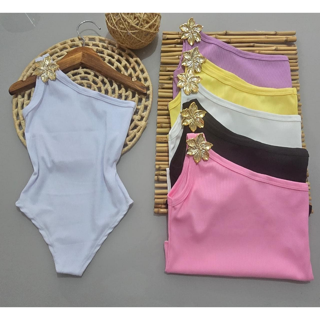 Body Feminino infantil e juvenil Um Ombro Só Ribana – Com Flor Dourada Luxo, diversas cores , estilo moderno
