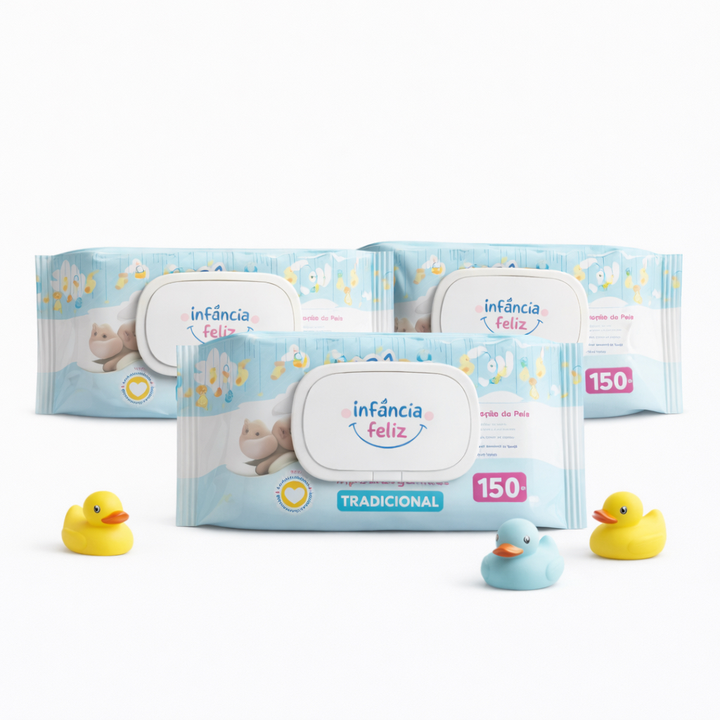 Kit 3 Toalhas Umedecidas Infância Feliz 150 Folhas C/ Tampa Lenço Umedecido