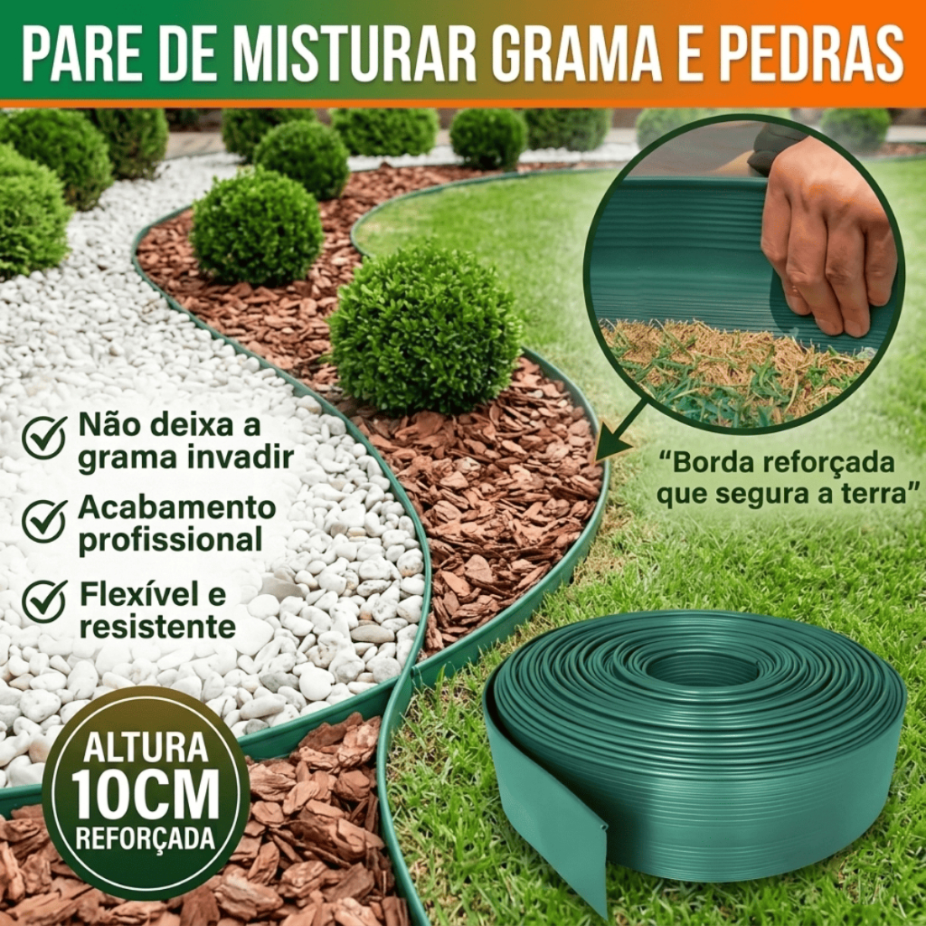 Limitador Grama Borda Reforçada Separador Organizador Jardim Flexível Resistente 10cm Altura