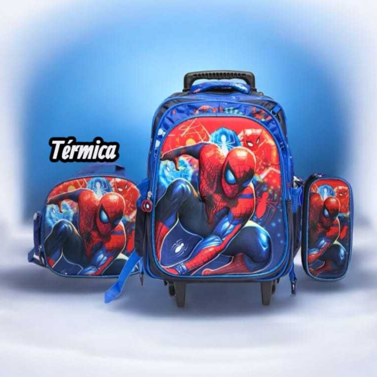MOCHILA 3D RODINHA HOMEM ARANHA GRANDE + LANCHEIRA TÉRMICA + ESTOJO KIT IMPORTADA INFANTIL