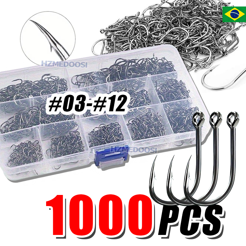Conjunto De Anzol De Aço De Alto Carbono 1000 Peças, Gancho De Pesca , Acessório De Equipamento/#3 Ao #12 ,Kit de Pesca