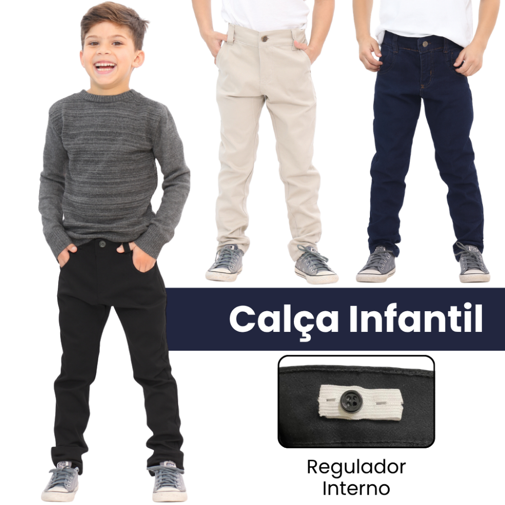 Calça Infantil Menino Jeans Lycra Tradicional Ajuste Interno Tam 1 ao 16 Cores