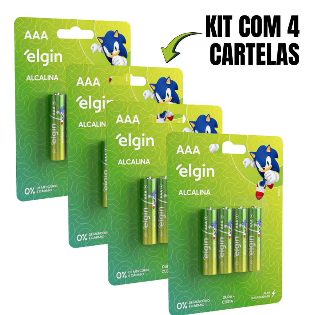 Kit 4 Cartelas Blister de Pilha Alcalina AAA Palito Com 4 Unidades Elgin